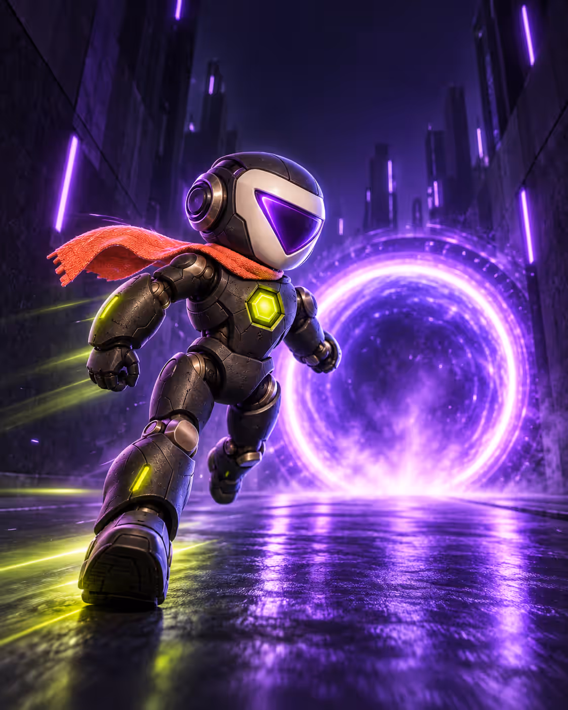 The robot character running down a neon-lit street toward a glowing purple portal