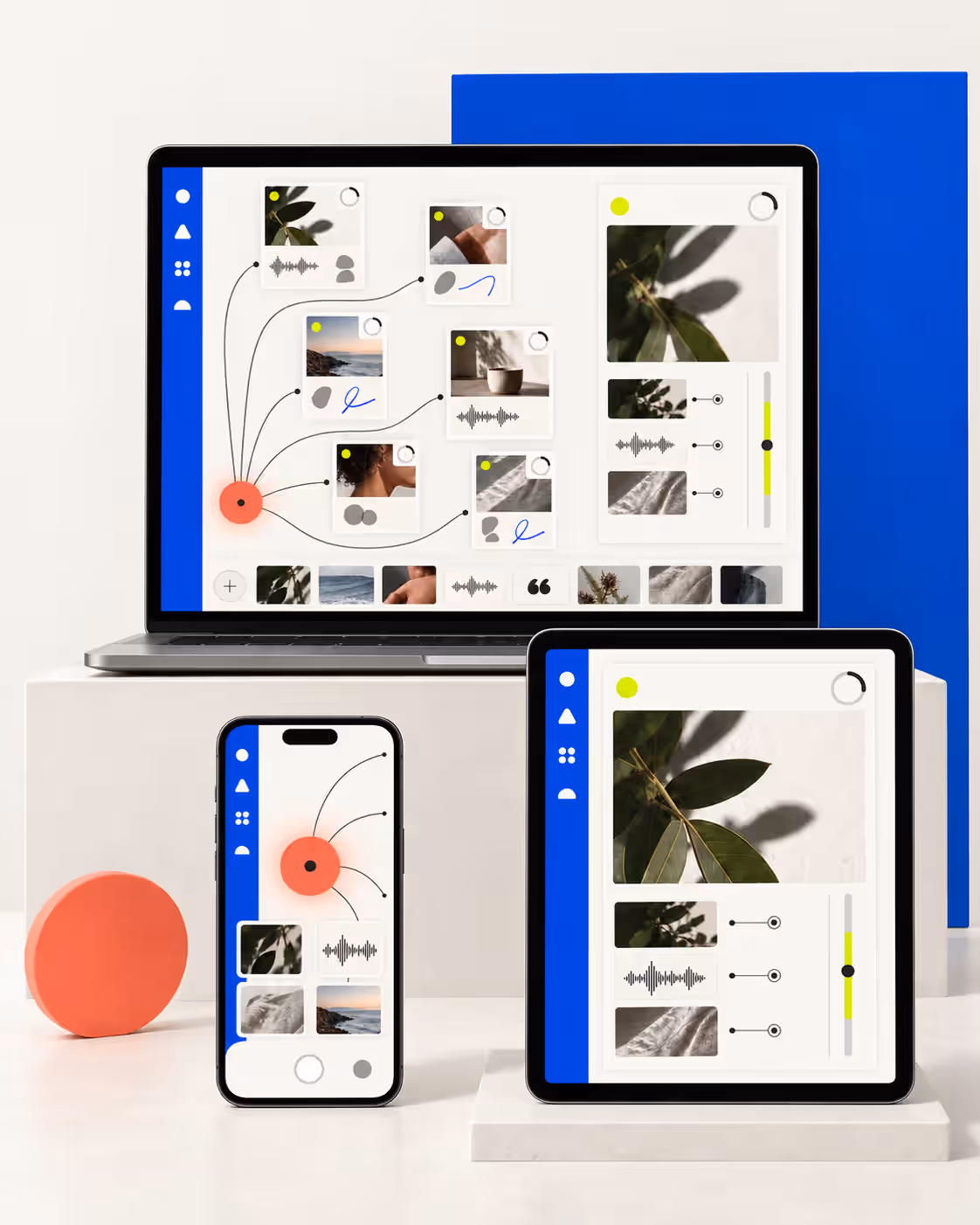 The workspace shown on a laptop, a tablet and a phone side by side